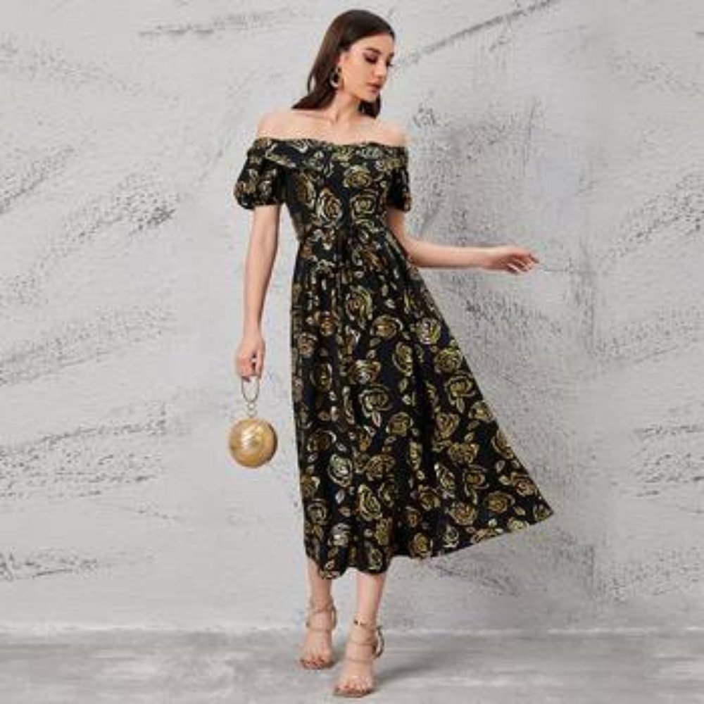 Blue and Gold Floral Long Off Shoulder Mesh Dress